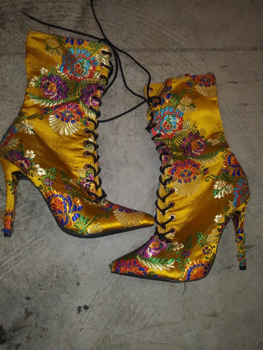 Gold Floral Embroidered Lace-Up High Heel Ankle Boots for Women